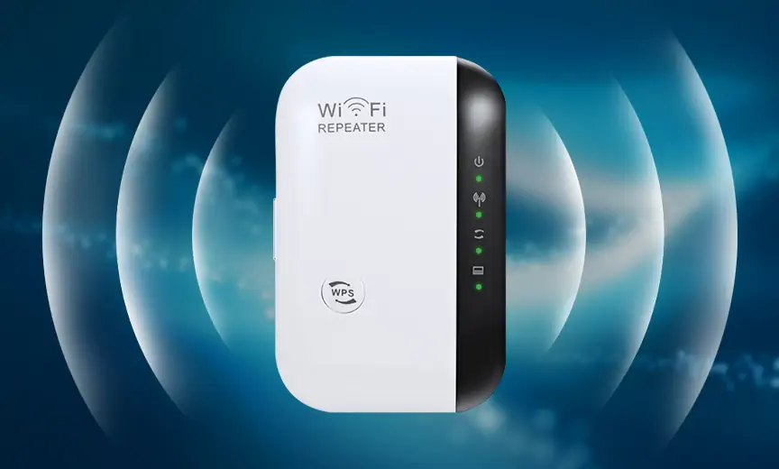 Wygląd urządzenia WIFI UltraBooster z przodu, diody LED i przycisk WPS